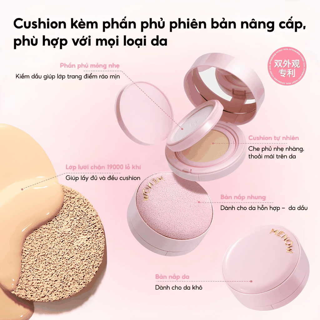 [MUA 1 TẶNG 1] Cushion + Phấn Phủ 2in1 Menow Mịn Lì Che Phủ Rouge Light Makeup Cushion Powder Cream TẶNG BẢNG PHẤN 4 Ô