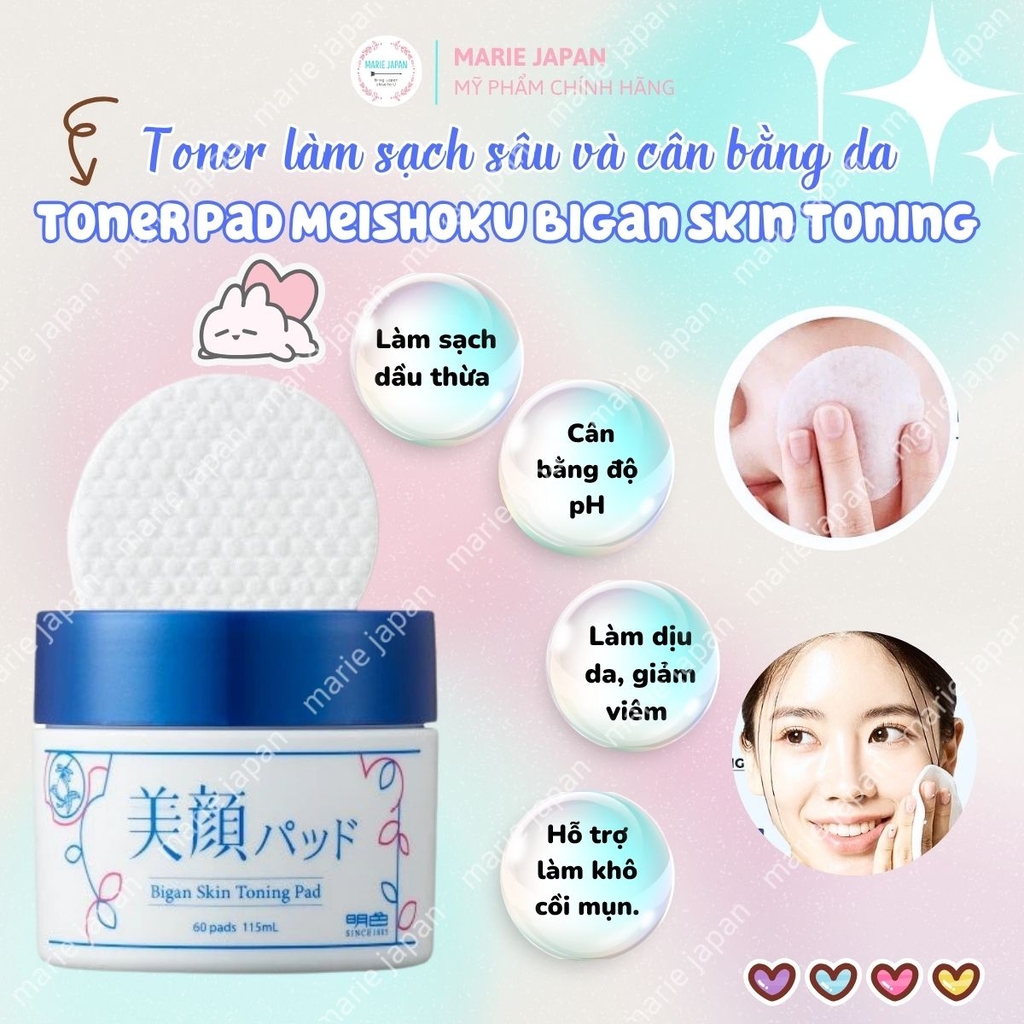 Toner Pad Meishoku Bigan Skin Toning Dịu Da Cân Bằng Dầu Nhờn Hỗ Trợ Ngăn Ngừa Mụn Nhật Bản Hộp 60 Miếng