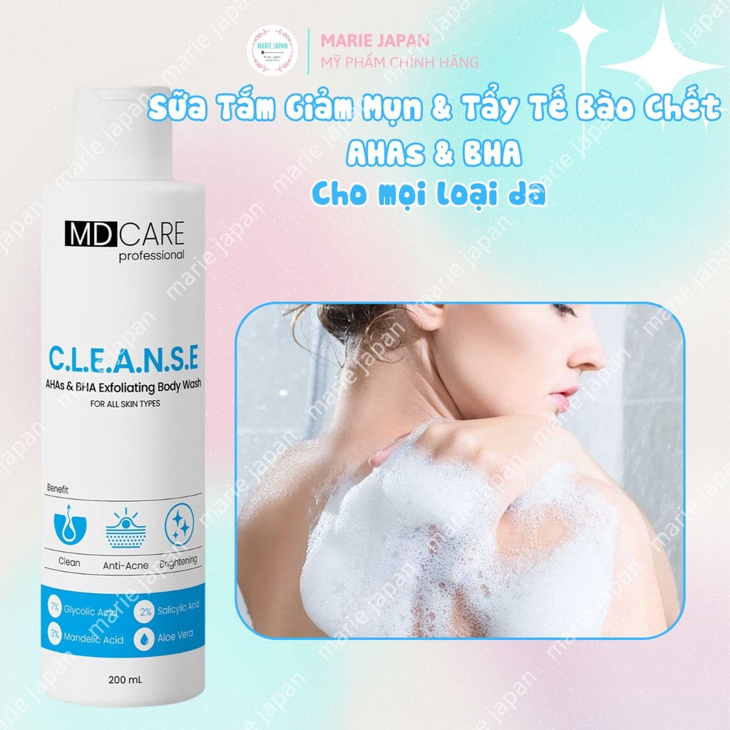 Sữa Tắm MD CARE AHAs & BHA Giảm Mụn Tẩy Tế Bào Chết Sạch Da Exfoliating Body Wash 200ml