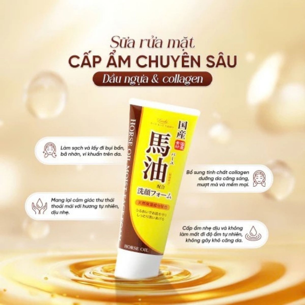 Sữa Rửa Mặt Dầu Ngựa Loshi Sạch Sâu Dưỡng Ẩm Mịn Da Horse Oil Moist Face Foam Nhật Bản Tuýp 130g