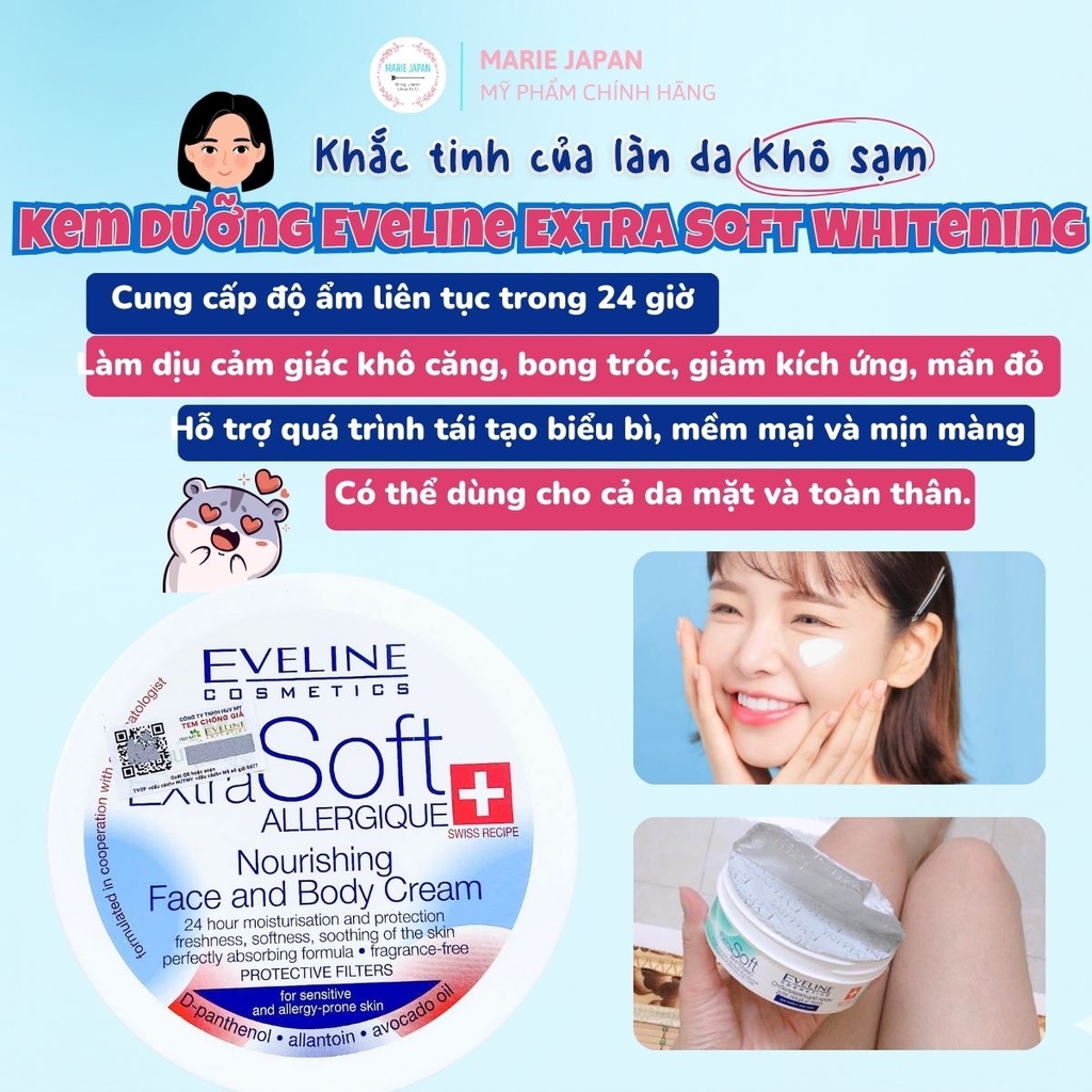 Kem Dưỡng Eveline Dưỡng Ẩm Phục Hồi Sáng Da Cho Mặt Và Body  Extra Soft Whitening Ba Lan Hũ 200ml