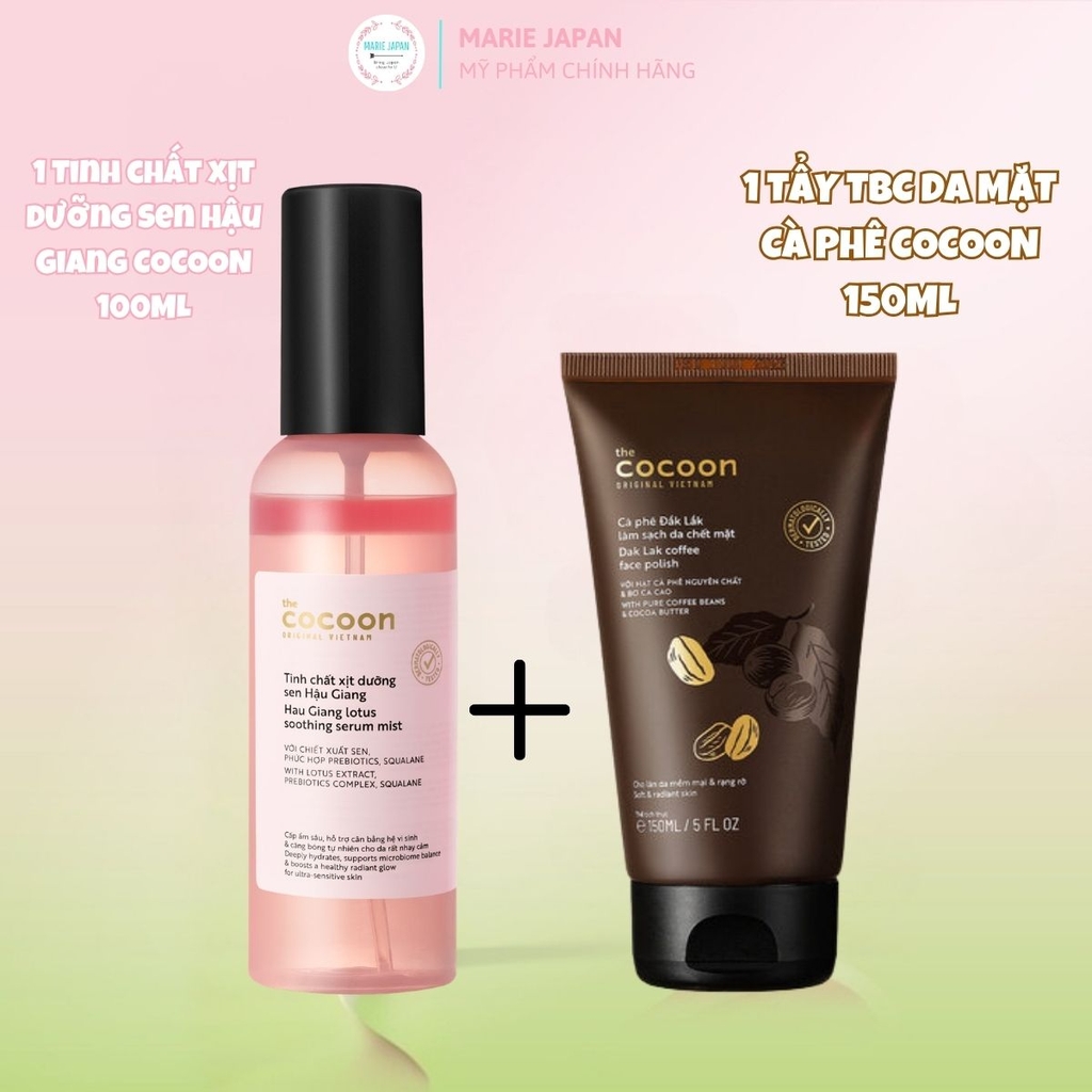 Combo Cocoon 2 Món 1 Xịt Dưỡng Sen Cocoon Hậu Giang 100ml  + 1 Tẩy TBC Mặt Cocoon Tuýp 150ml