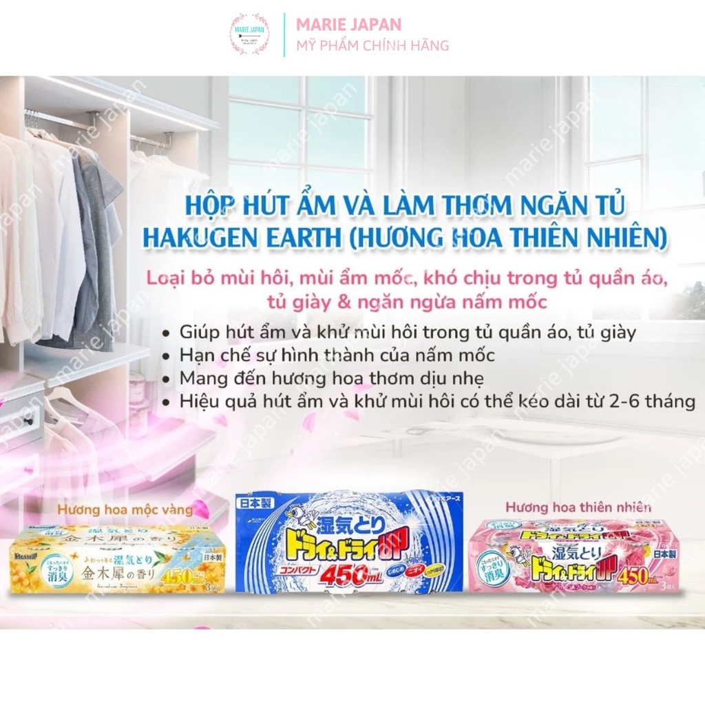 Hộp Hút Ẩm Hakugen Earth Khử Mùi Ẩm Mốc Làm ThơmTủ Quần Áo tủ Giày Nhật Bản 3 Hộpx450ml