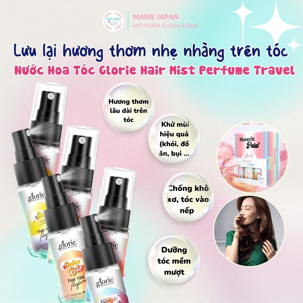 Nước Hoa Tóc Glorie Hair Mist Perfume Lưu Hương Thơm Hạn Chế Mùi Hôi Dưỡng Tóc Mềm Mượt Bộ 3 Chai Mini 10ml