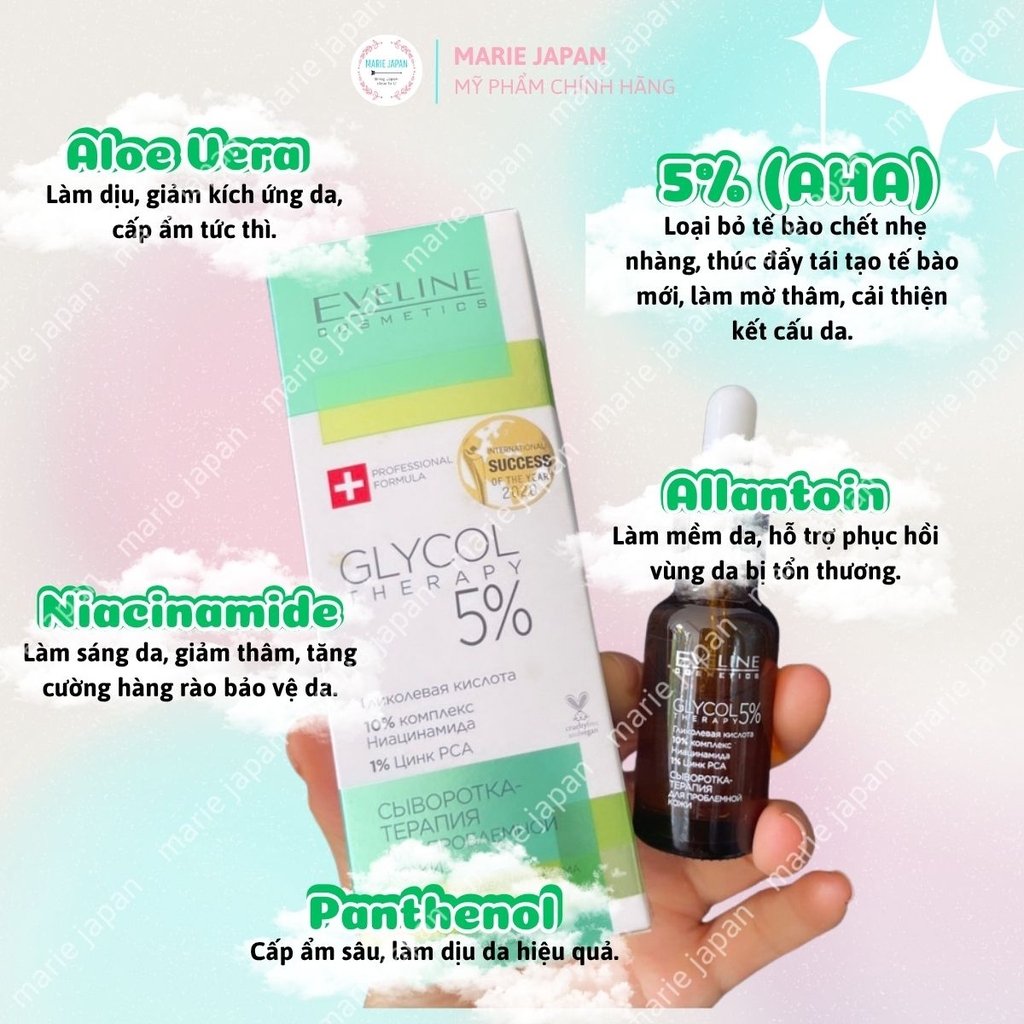 Serum Eveline 5% Glycol Therapy Sáng Da Mờ Thâm Mụn Hỗ Trợ Cải Thiện Nếp Nhăn Chai 18ml