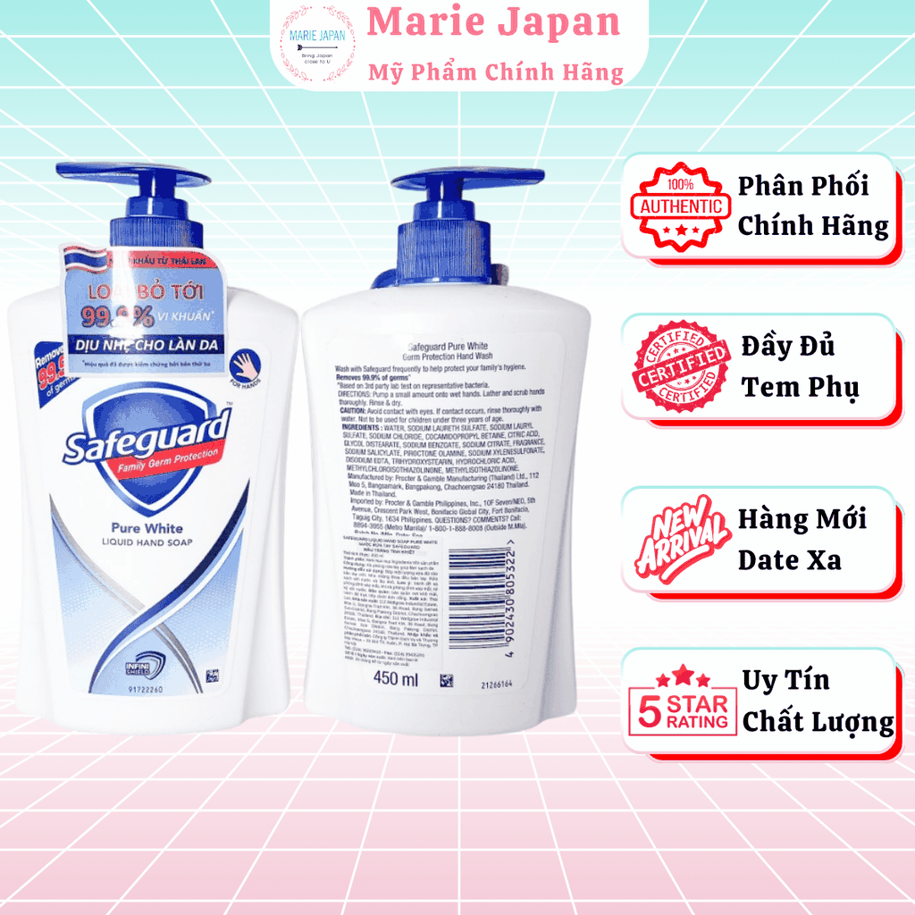 Nước Rửa Tay Safeguard Nước Rửa Tay Diệt Khuẩn, Sạch Sâu Dịu Nhẹ Pure White Liquid Hand Soap Chai 450ml