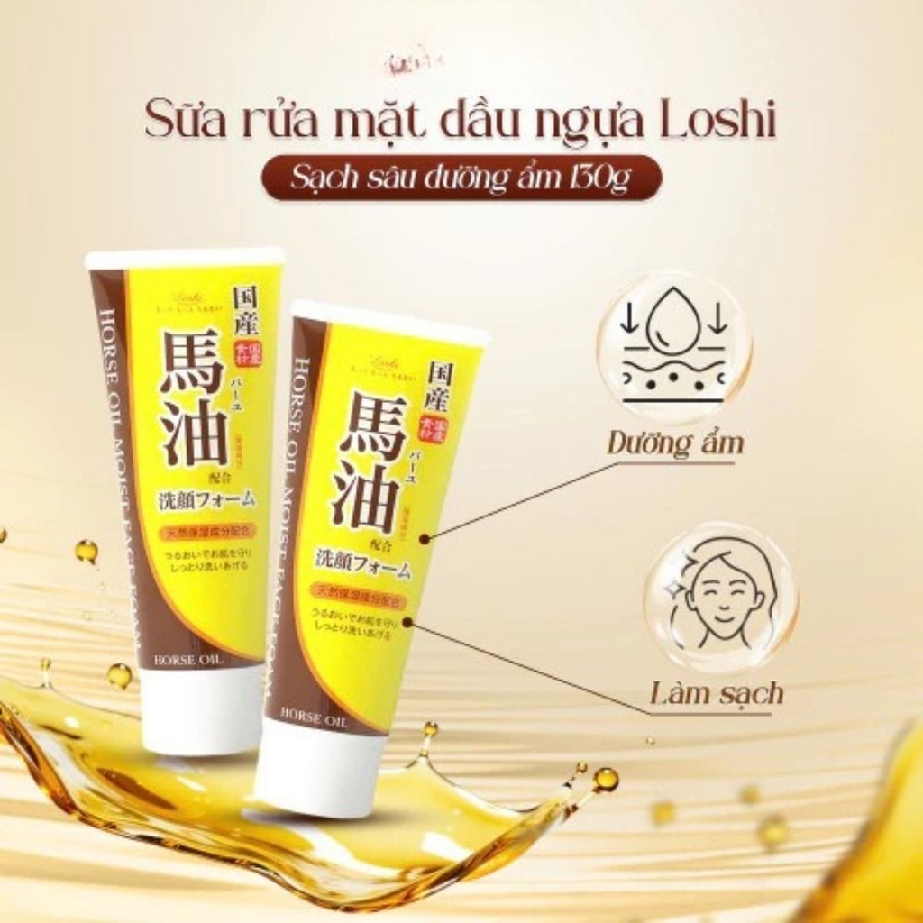 Sữa Rửa Mặt Dầu Ngựa Loshi Sạch Sâu Dưỡng Ẩm Mịn Da Horse Oil Moist Face Foam Nhật Bản Tuýp 130g