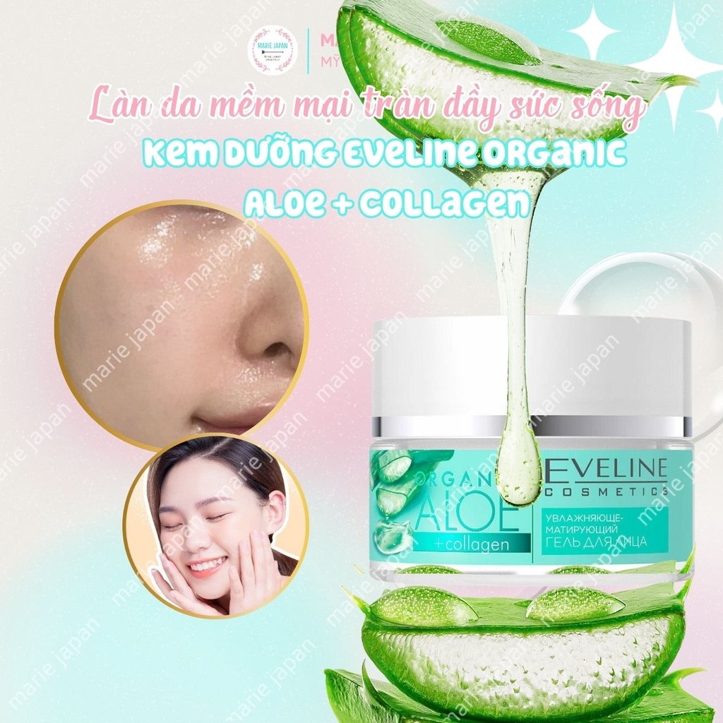 Gel Dưỡng Eveline Organic Aloe + Collagen 3in1 Cấp Ẩm Làm Dịu Phục Hồi Da Hư Tổn Hũ 50ml