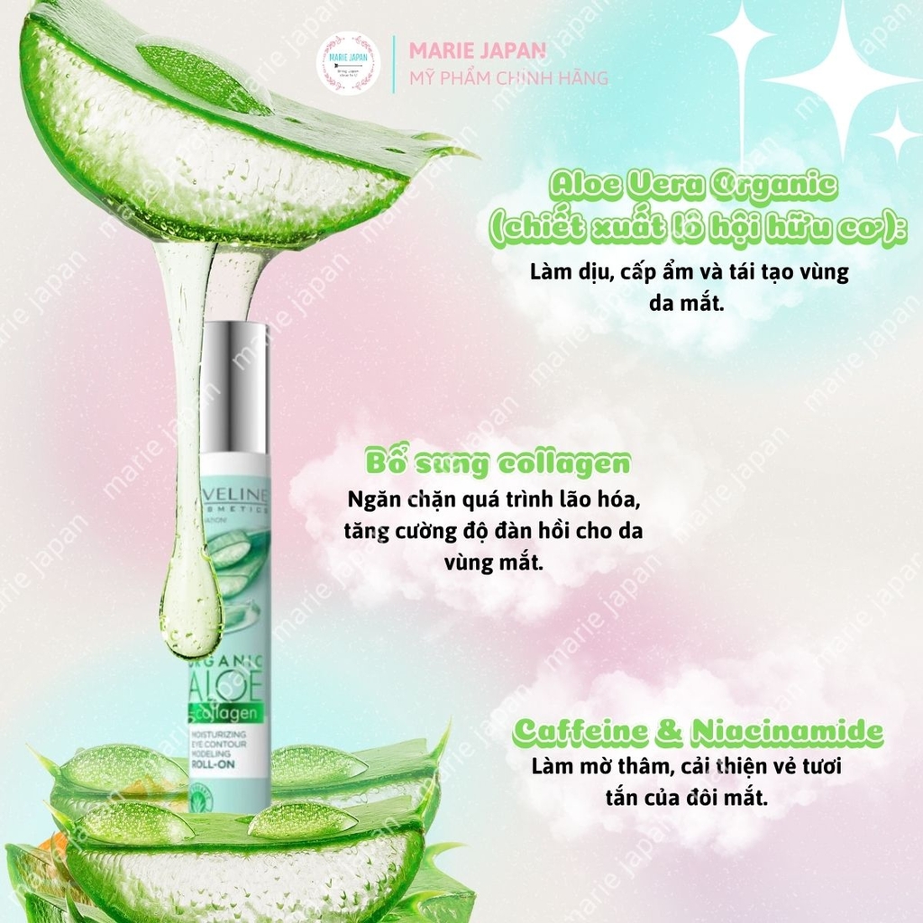 Lăn Mắt Eveline Organic Aloe + Collagen Cấp Ẩm Nâng Cơ Giảm Thâm Bọng Hiệu Quả Ba Lan 15ml