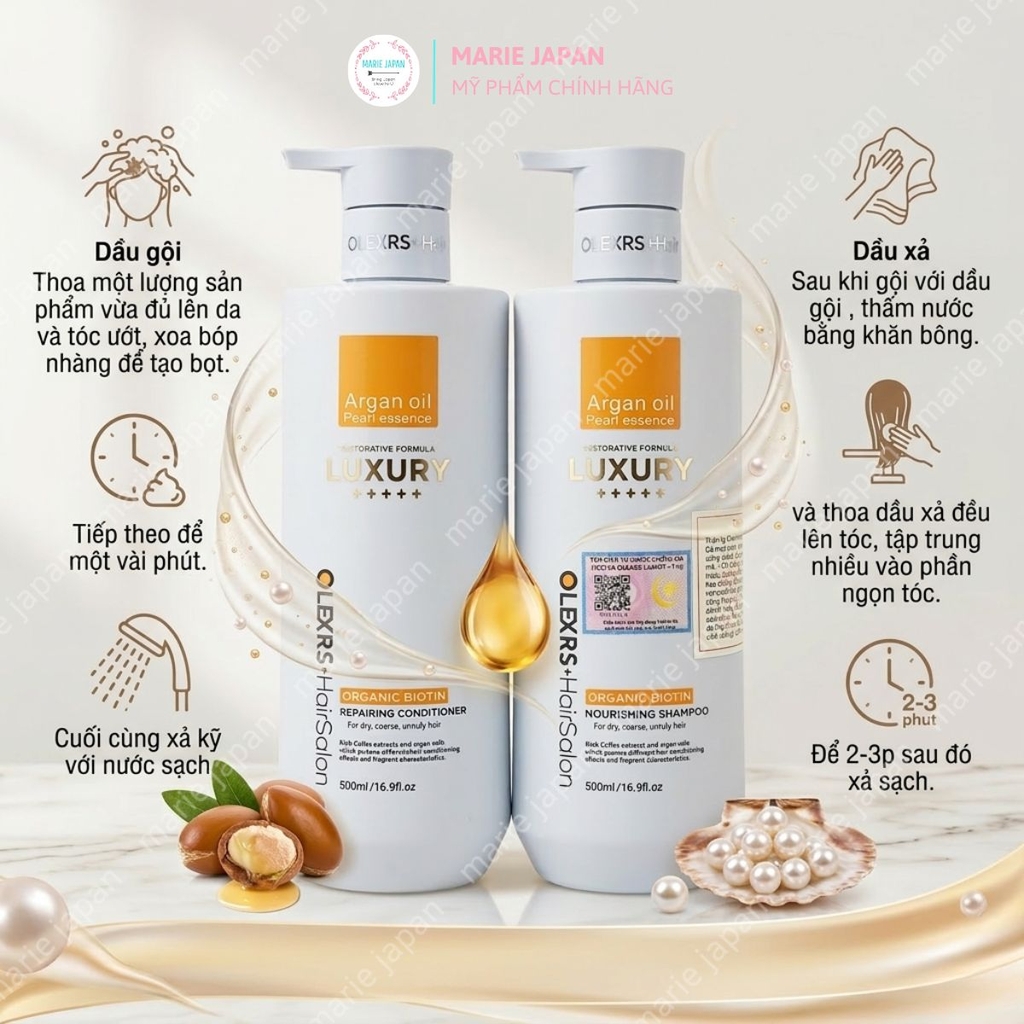 Set Gội Xả Olexrs Luxury  Phục Hồi Giảm Rụng Bóng Mượt Argan Oil & Pearl Essence Anh 500ml