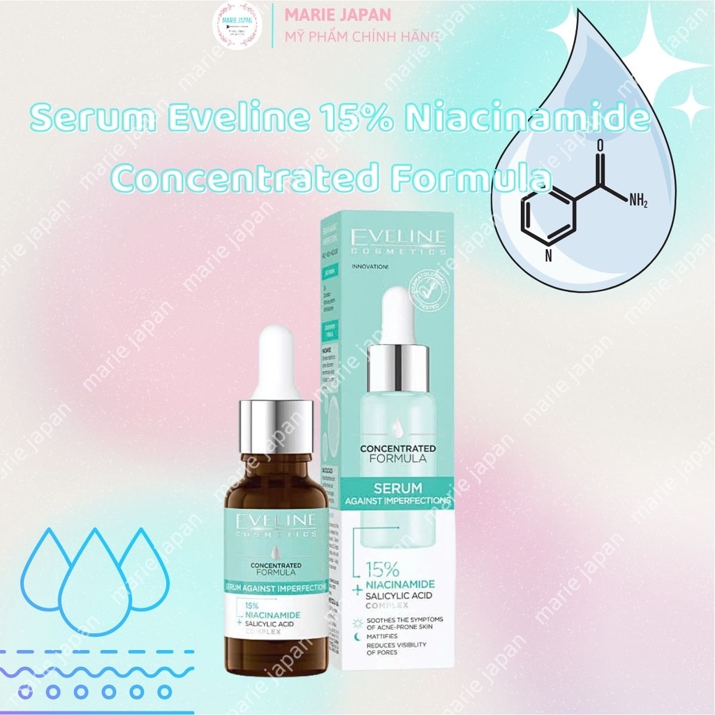 Serum Eveline 15% Niacinamide Concentrated Formula Dưỡng Sáng Mịn Da Mờ Thâm Mụn Chai 18ml