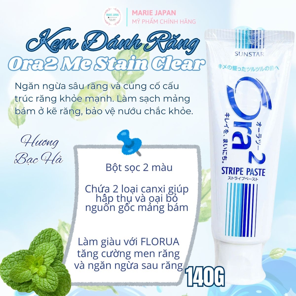 Kem Đánh Răng Ora2 Me Stain Clear Hỗ Trợ Làm Sạch & Chăm Sóc Răng Miệng Nhật Bản