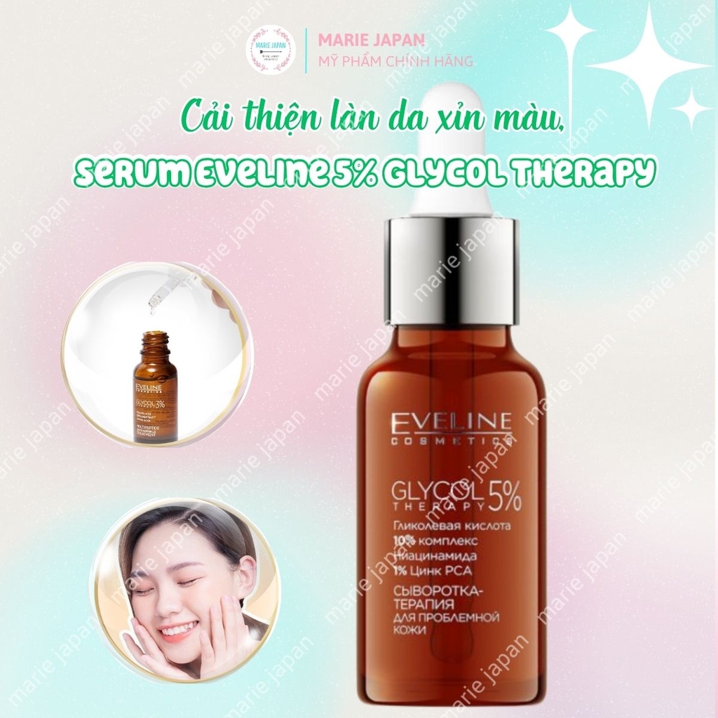Serum Eveline 5% Glycol Therapy Sáng Da Mờ Thâm Mụn Hỗ Trợ Cải Thiện Nếp Nhăn Chai 18ml