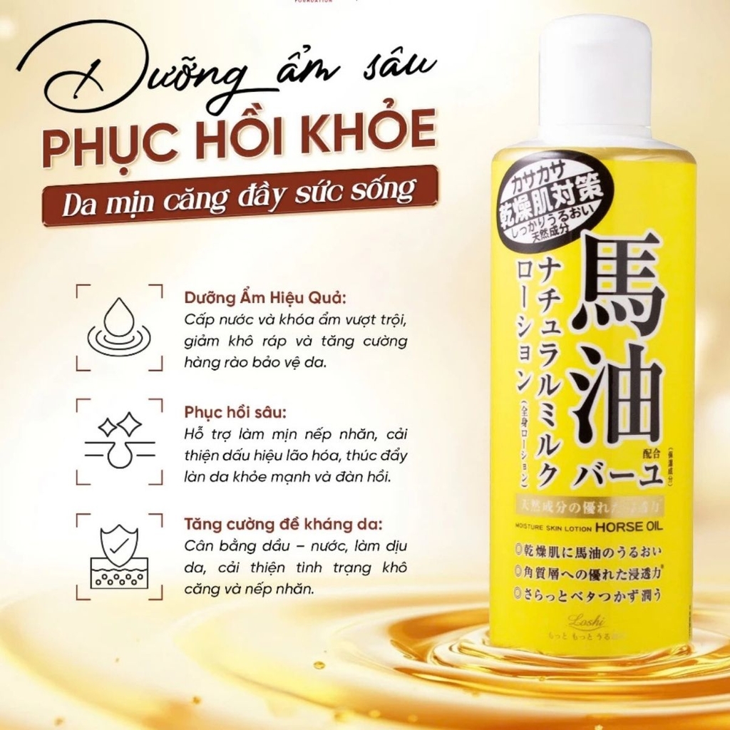 Dưỡng Thể Loshi Horse Oil Dưỡng Ẩm Phục Hồi Mềm Mịn Da Moisture Skin Lotion Nhật Bản Chai 200ml