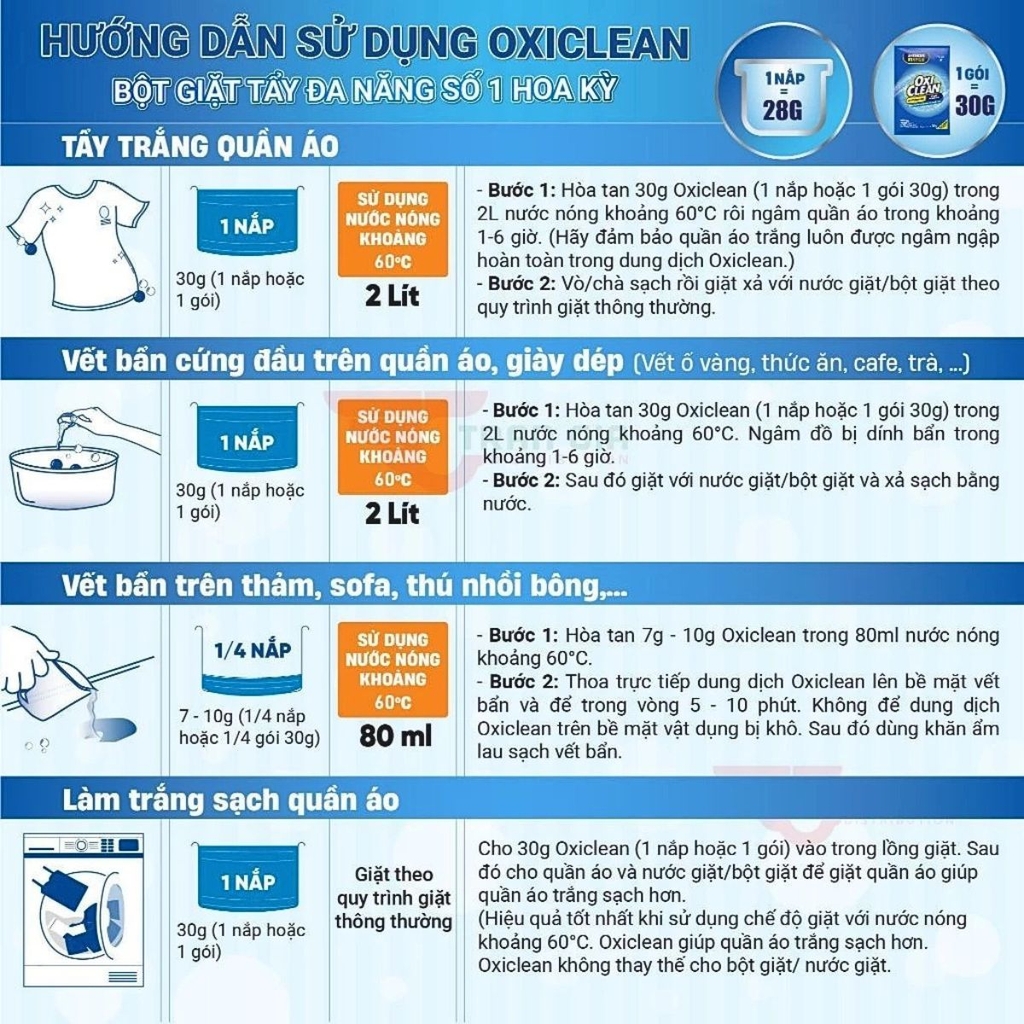 Bột Giặt Tẩy OxiClean Đánh Bay Vết Bẩn Cứng Đầu Tẩy Trắng Ố Vàng Đa Năng  Stain Remover 500g
