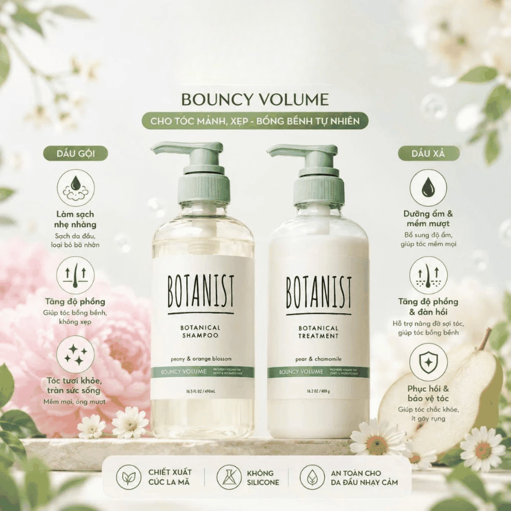 Dầu Gội Xả BOTANIST Bouncy Volume Nắp Xanh Tạo Độ Phồng Tự Nhiên, Mềm Mại Và Bồng Bềnh Nhật Bản 460ml