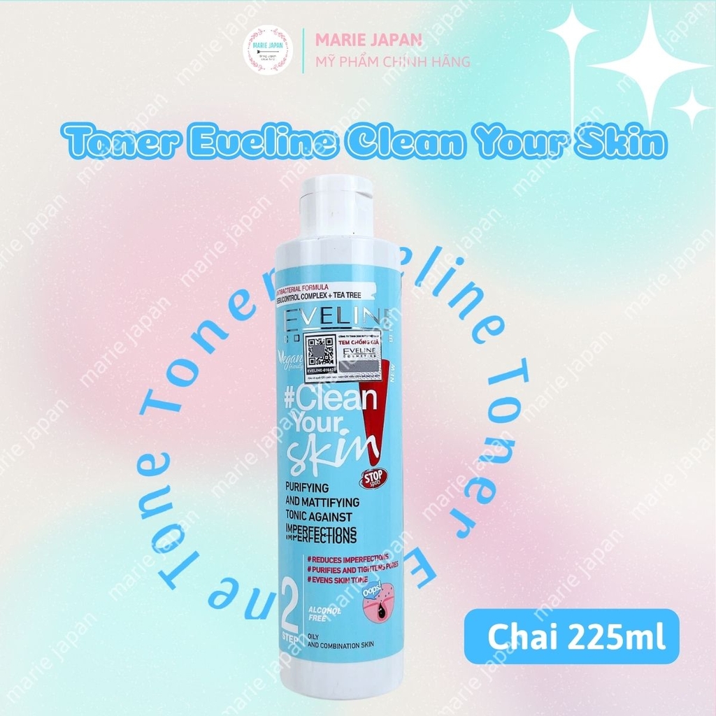 Nước Hoa Hồng Eveline Clean Your Skin Sạch Sâu Cân Bằng Da Ngăn Ngừa Mụn Hiệu Quả Ba Lan Chai 225ml
