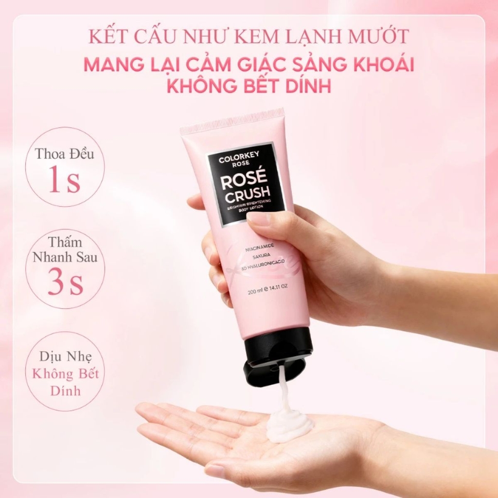 Dưỡng Thể Colorkey Rosé Crush Dưỡng Ẩm Sáng Da Mềm Mịn Ngọt Ngào Perfumed Brightening Body Lotion Tuýp 200g - TẶNG 1 SET 2 SAMPLE GEL TẮM ROSE CRUSH