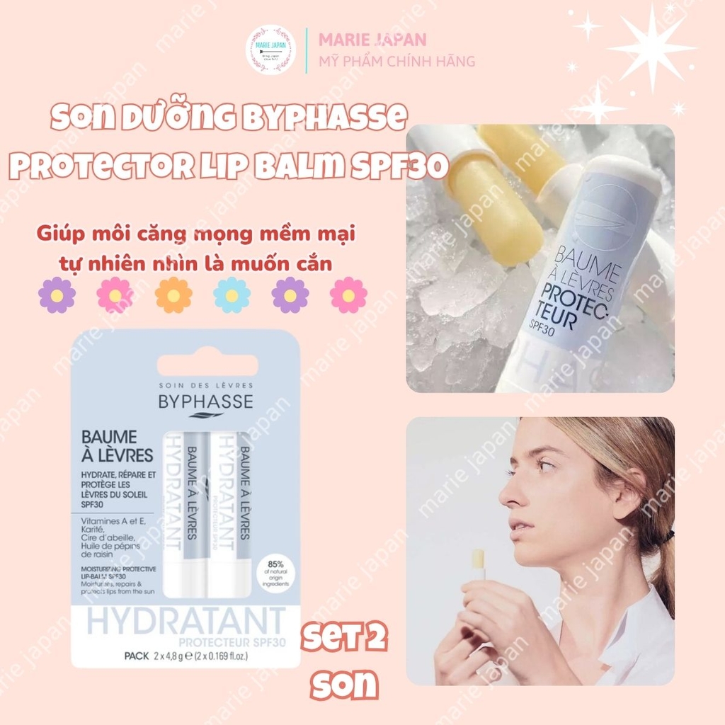 Son Dưỡng Byphasse Protector Lip Balm SPF30 Dưỡng Ẩm Chống Nắng Mờ Thâm Set 2 Son