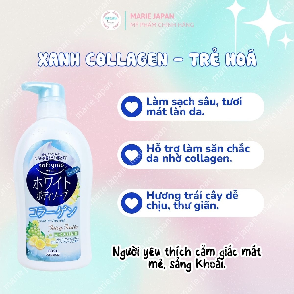 Sữa Tắm Trắng Da Kose Softymo White Body Soap Dưỡng Trắng Ẩm Mịn Mềm Da Nhật Bản Chai 600ml