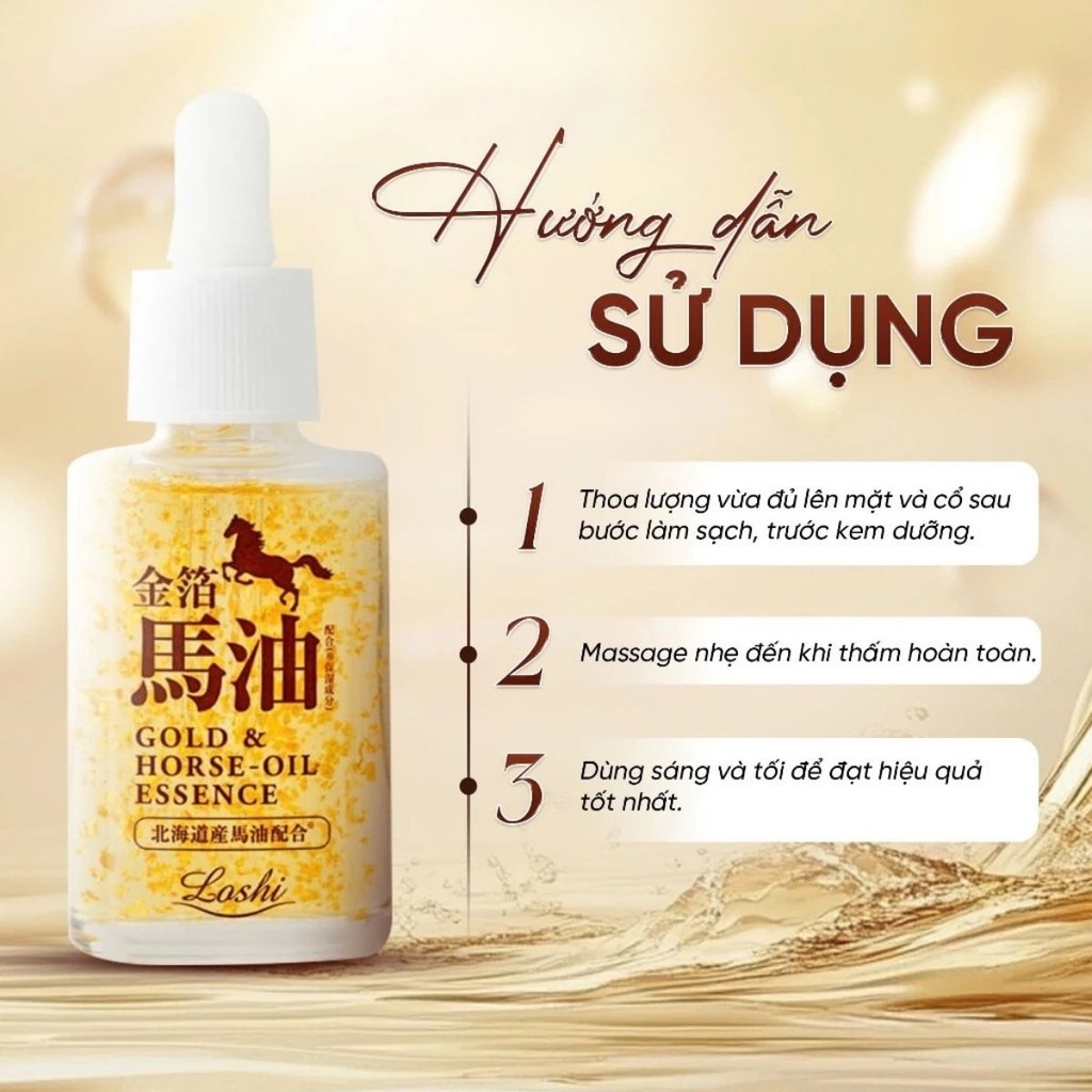 Tinh Chất Dầu Ngựa Loshi Phục Hồi Dưỡng Ẩm Sáng Mịn Gold & Horse Oil Essence Nhật Bản Chai 30ml