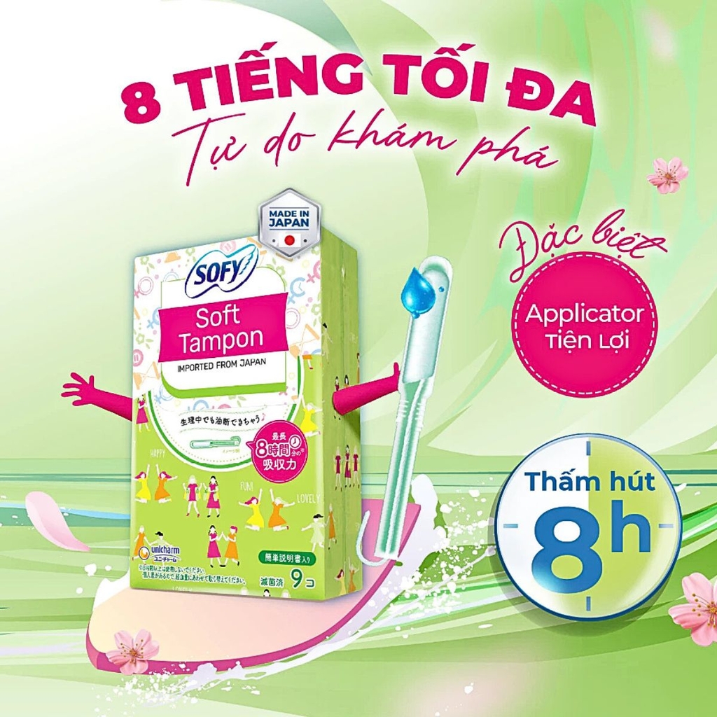 Băng Vệ Sinh Unicharm Sofy Soft Tampon Siêu Thấm Khô Thoáng Nhật Bản Hộp 9 Ống