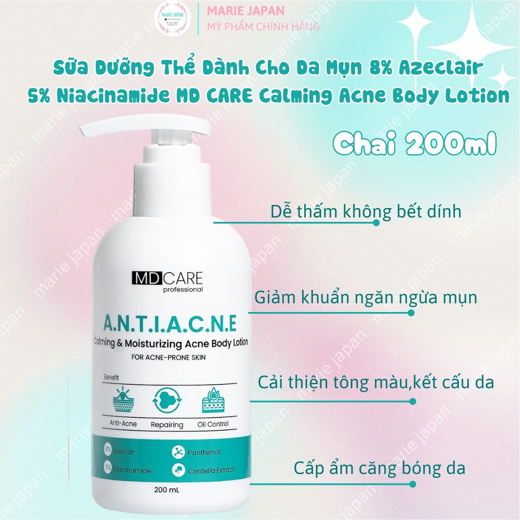 Dưỡng Thể MD CARE Brightening Acne Body Lotion Dưỡng Sáng Da Mờ Thâm Giảm Mụn Cơ Thể Chai 200ml