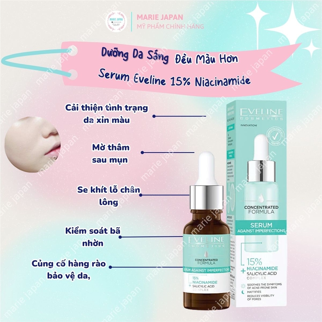Serum Eveline 15% Niacinamide Concentrated Formula Dưỡng Sáng Mịn Da Mờ Thâm Mụn Chai 18ml