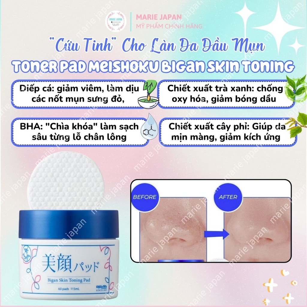 Toner Pad Meishoku Bigan Skin Toning Dịu Da Cân Bằng Dầu Nhờn Hỗ Trợ Ngăn Ngừa Mụn Nhật Bản Hộp 60 Miếng