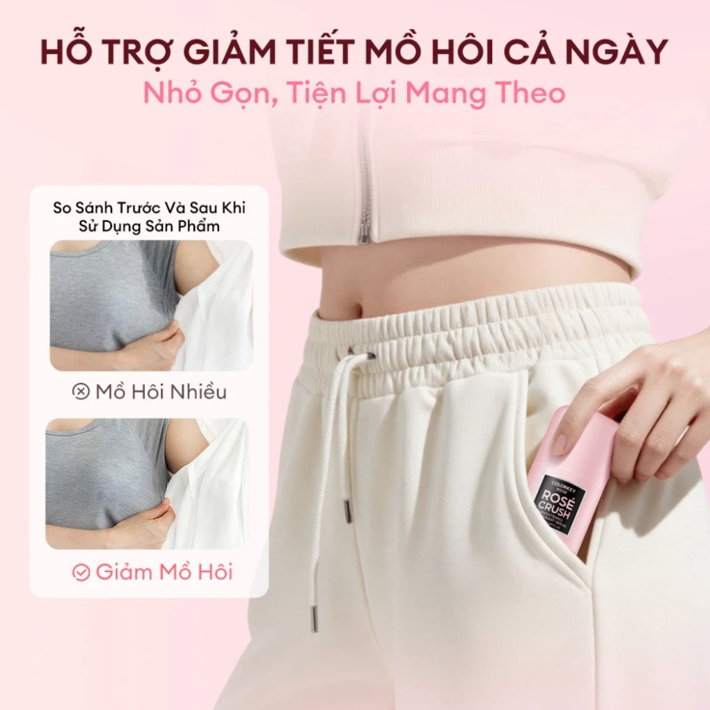 Lăn Khử Mùi Colorkey Rosé Crush Dưỡng Sáng Khử Mùi Khô Thoáng Mềm Mịn Da Brightening Deodorant Serum Chai 50ml - TẶNG 1 SET 2 SAMPLE GEL TẮM ROSE CRUSH