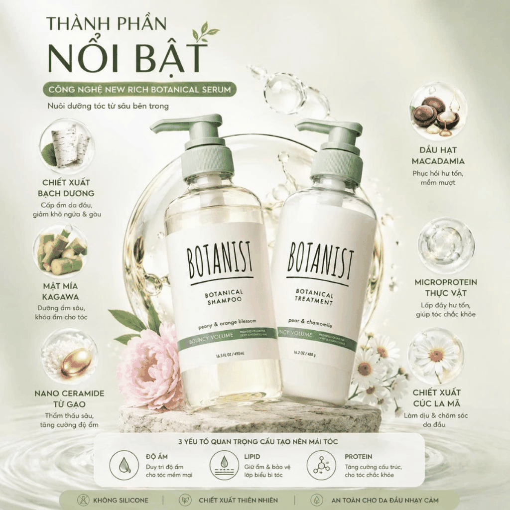 Dầu Gội Xả BOTANIST Bouncy Volume Nắp Xanh Tạo Độ Phồng Tự Nhiên, Mềm Mại Và Bồng Bềnh Nhật Bản 460ml