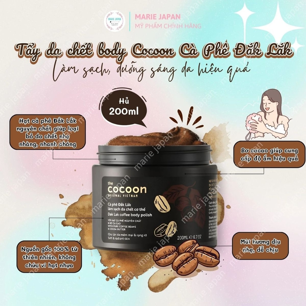 Combo Cocoon 2 Món 1 Tẩy Tế Bào Chết Body Cà Phê Mịn Da 200ml + 1 Xịt Dưỡng Tóc Vỏ Bưởi Giảm Gãy Rụng 140ml 