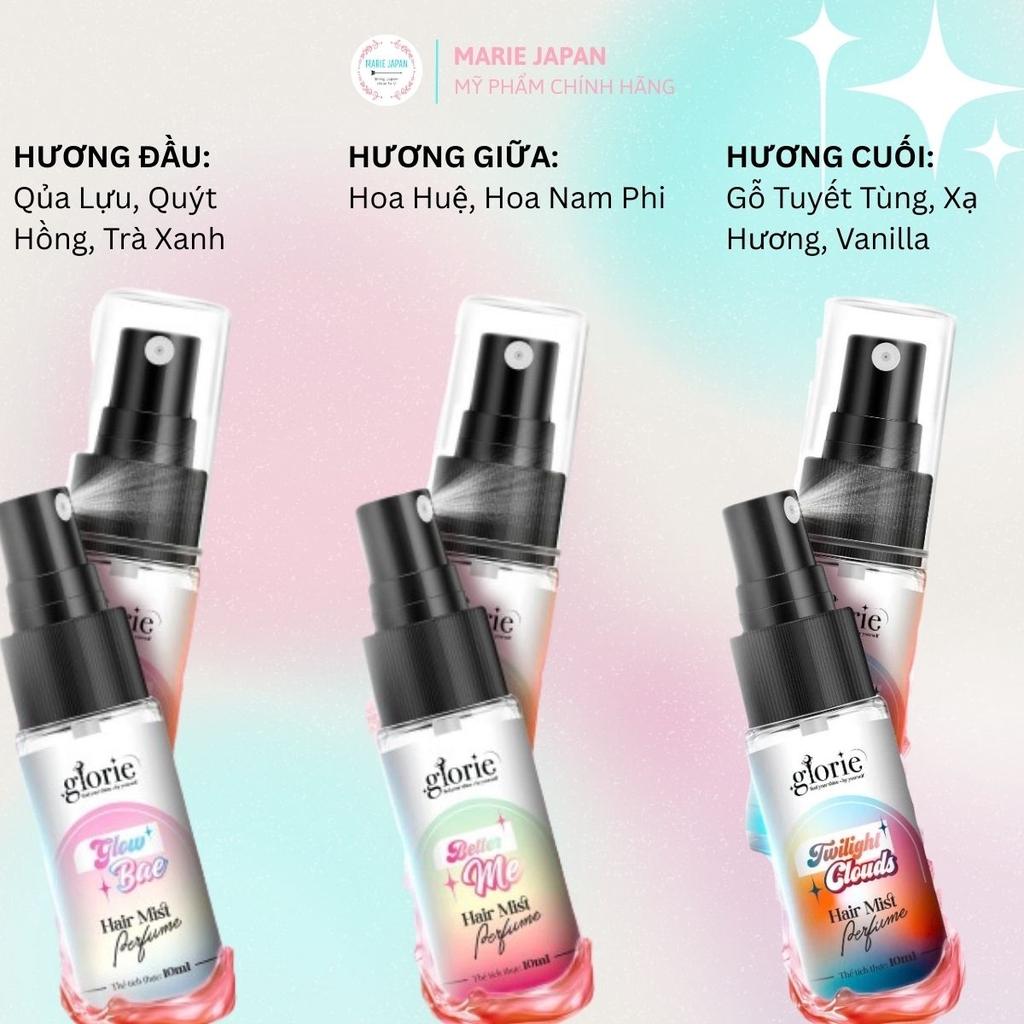 Nước Hoa Tóc Glorie Hair Mist Perfume Lưu Hương Thơm Hạn Chế Mùi Hôi Dưỡng Tóc Mềm Mượt Bộ 3 Chai Mini 10ml