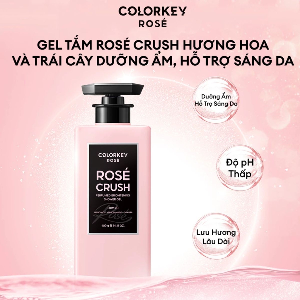 Gel Tắm Colorkey Rosé Crush Dưỡng Sáng Hương Thơm Lâu Dịu Nhẹ Perfumed Brightening Shower Gel Chai 400g TẶNG 1 SET 2 SAMPLE GEL TẮM ROSE CRUSH