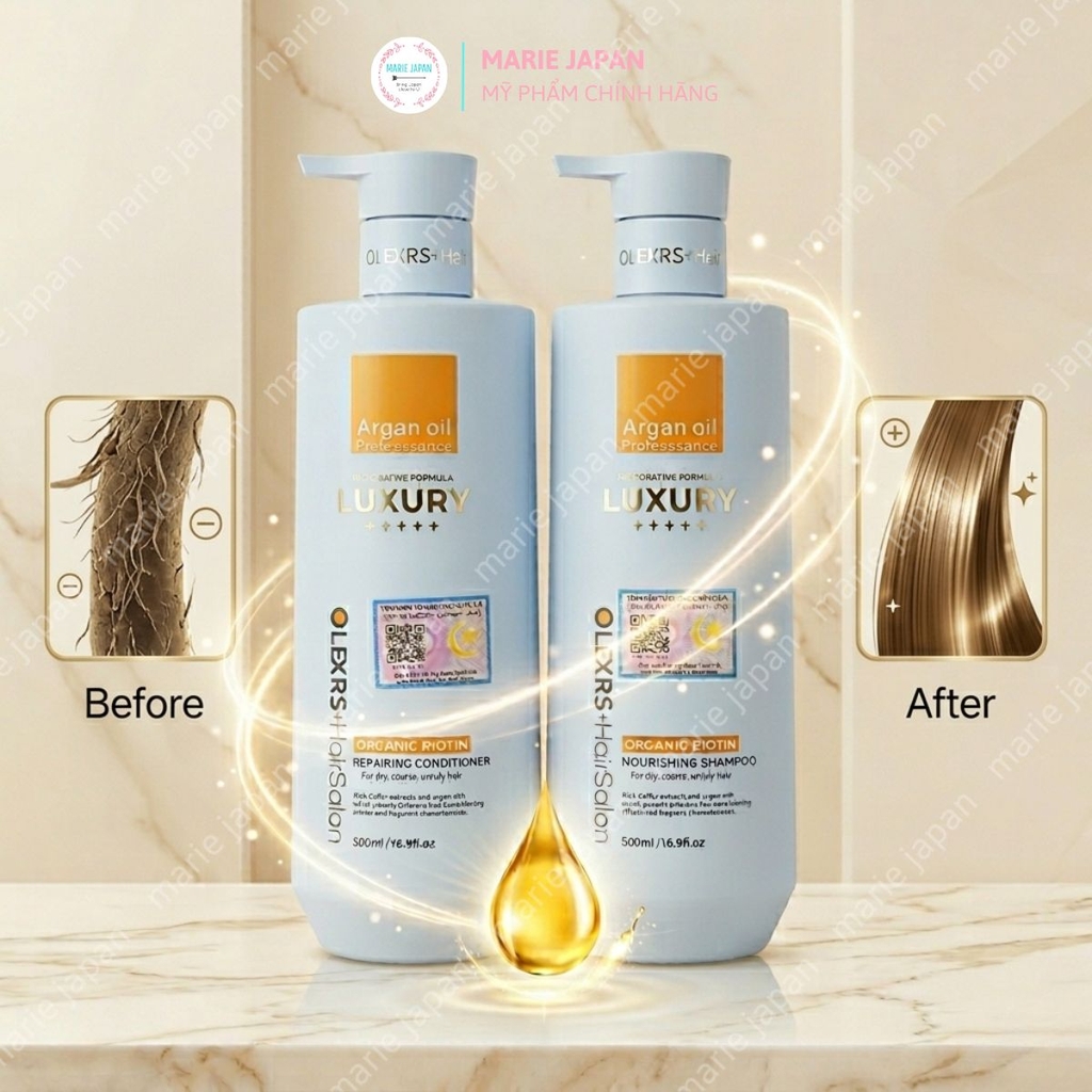 Set Gội Xả Olexrs Luxury  Phục Hồi Giảm Rụng Bóng Mượt Argan Oil & Pearl Essence Anh 500ml