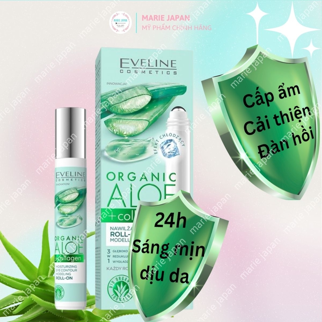 Lăn Mắt Eveline Organic Aloe + Collagen Cấp Ẩm Nâng Cơ Giảm Thâm Bọng Hiệu Quả Ba Lan 15ml
