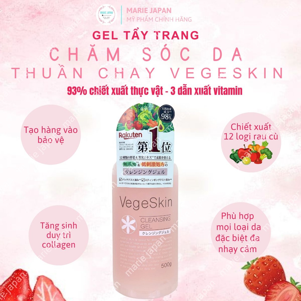 Gel Tẩy Trang VegeSkin Rau Củ Cleansing Gel Sạch Dịu Nhẹ Dưỡng Ẩm Mềm Mịn Cho Da Nhật Bản Chai 500g