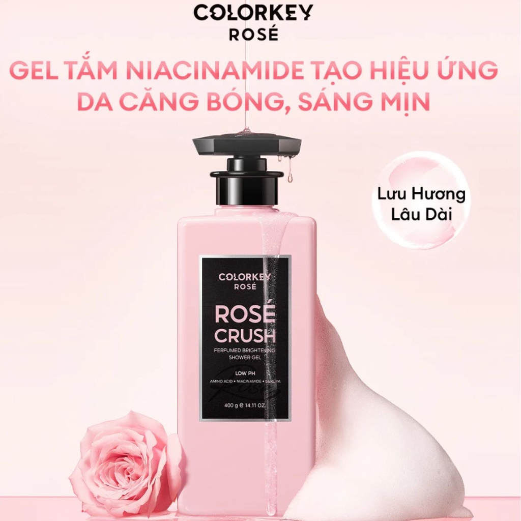 Gel Tắm Colorkey Rosé Crush Dưỡng Sáng Hương Thơm Lâu Dịu Nhẹ Perfumed Brightening Shower Gel Chai 400g TẶNG 1 SET 2 SAMPLE GEL TẮM ROSE CRUSH