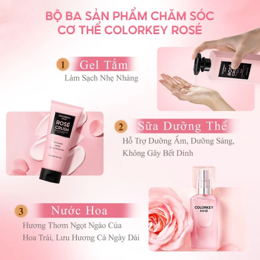 Dưỡng Thể Colorkey Rosé Crush Dưỡng Ẩm Sáng Da Mềm Mịn Ngọt Ngào Perfumed Brightening Body Lotion Tuýp 200g - TẶNG 1 SET 2 SAMPLE GEL TẮM ROSE CRUSH