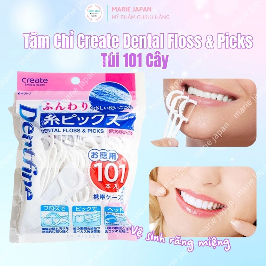 Tăm Chỉ Create Dental Floss & Picks Sạch Kẽ Răng Nhẹ Nhàng An Toàn Nhật Bản Túi 101 Cây