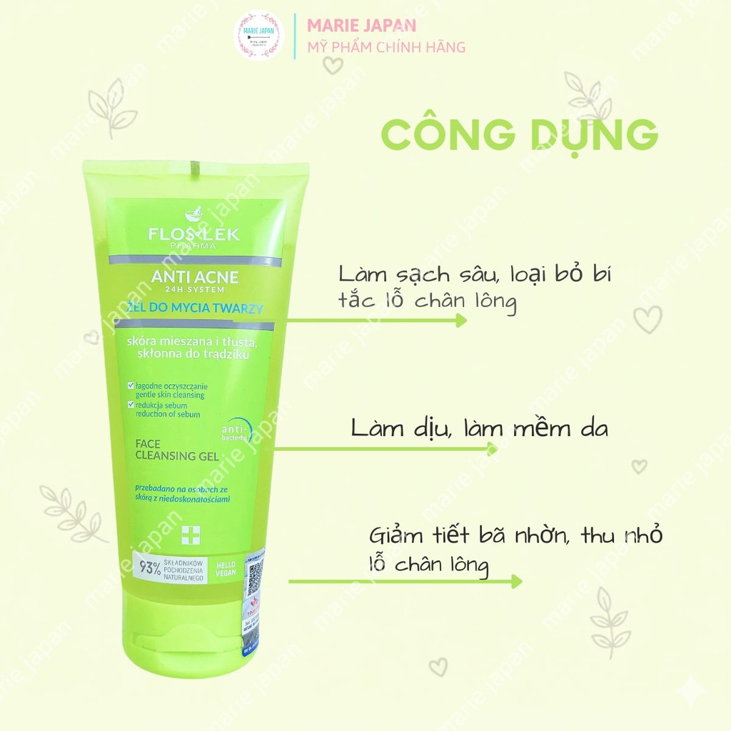 Sữa Rửa Mặt Floslek Giảm Dầu Mụn Dịu Nhẹ Thông Thoáng Da Anti Acne 24h System Face Cleansing Gel Ba Lan