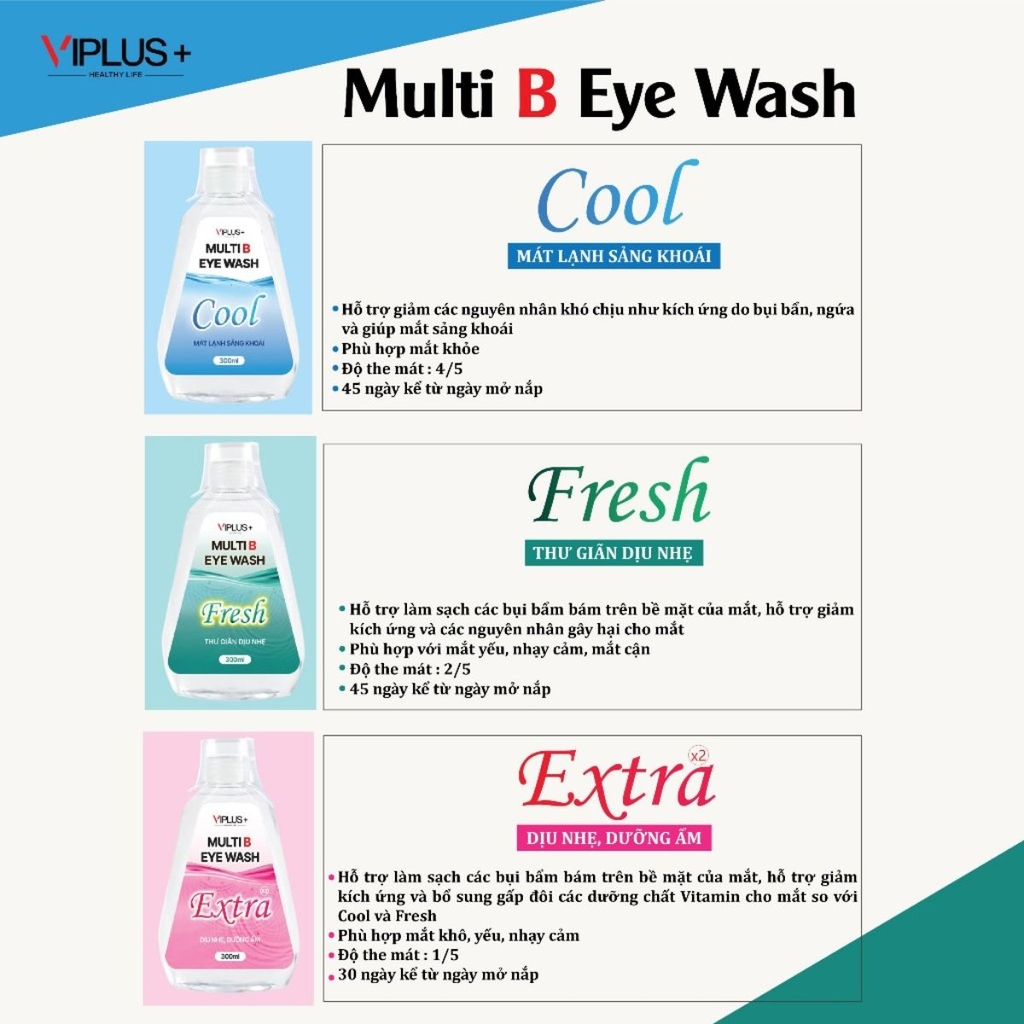 Nước Rửa Mắt VIPLUS+ Loại Bỏ Bụi Bẩn Dưỡng Ẩm Làm Dịu Mắt Multi B Eye Wash 300ml - TẶNG MẶT NẠ XÔNG HƠI MẮT