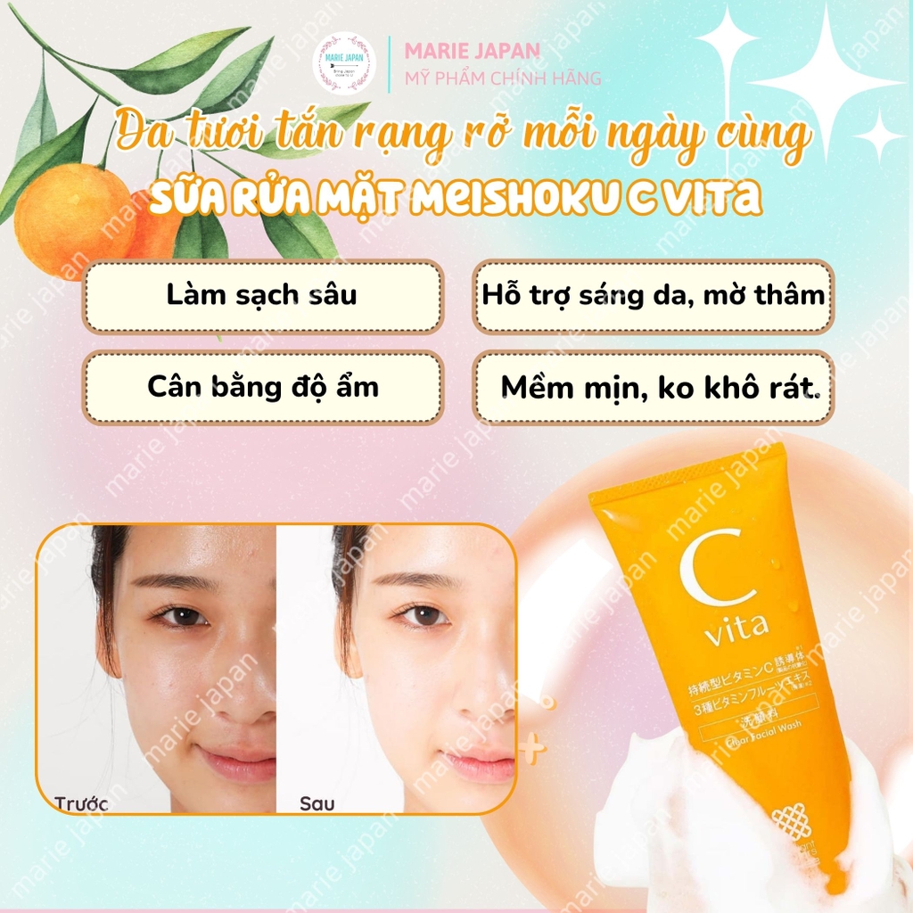 Sữa Rửa Mặt Meishoku C Vita Clear Facial Wash Dưỡng Trắng Sáng Da Ngừa Thâm Mụn Nhật Bản
