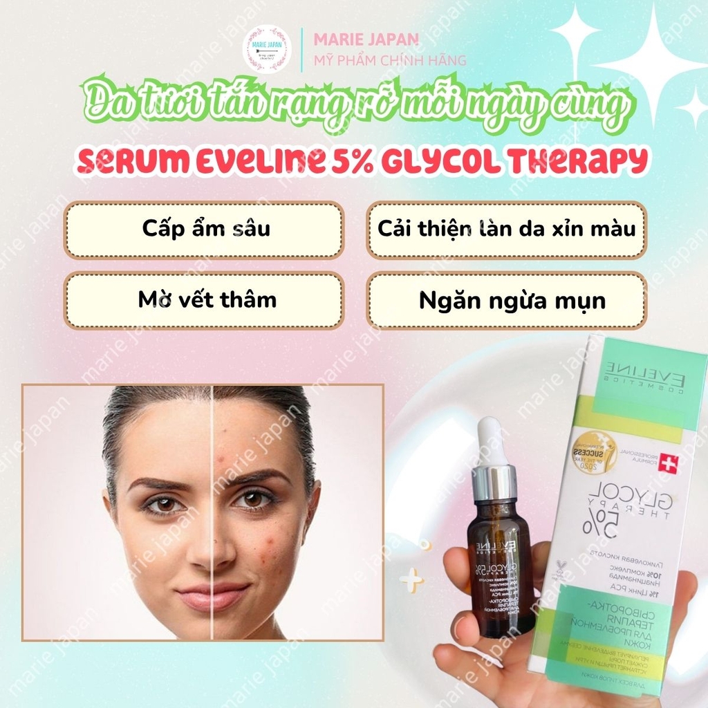 Serum Eveline 5% Glycol Therapy Sáng Da Mờ Thâm Mụn Hỗ Trợ Cải Thiện Nếp Nhăn Chai 18ml