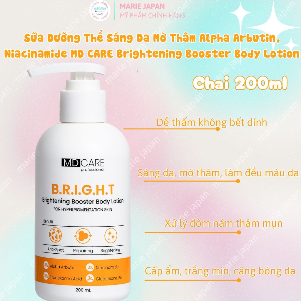 Dưỡng Thể MD CARE Brightening Acne Body Lotion Dưỡng Sáng Da Mờ Thâm Giảm Mụn Cơ Thể Chai 200ml
