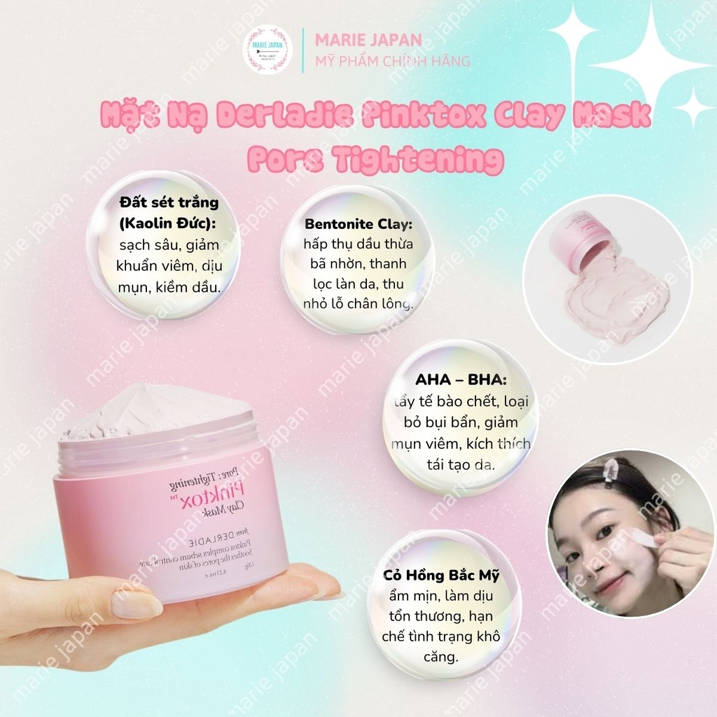 Mặt Nạ Đất Sét Pink Tox Derladie Pore Tightening Clay Mask Sạch Sâu Kiểm Soát Dầu Nhờn Se Khít Lỗ Chân Lông Hàn Quốc