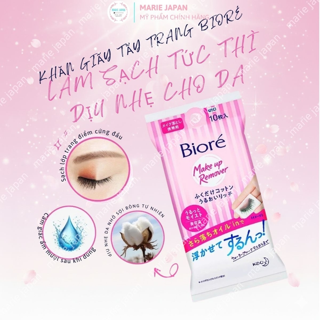 Khăn Tẩy Trang Biore Dưỡng Ẩm Sạch Da Makeup Remove Cleansing  Nhật Bản Túi 10 Miếng