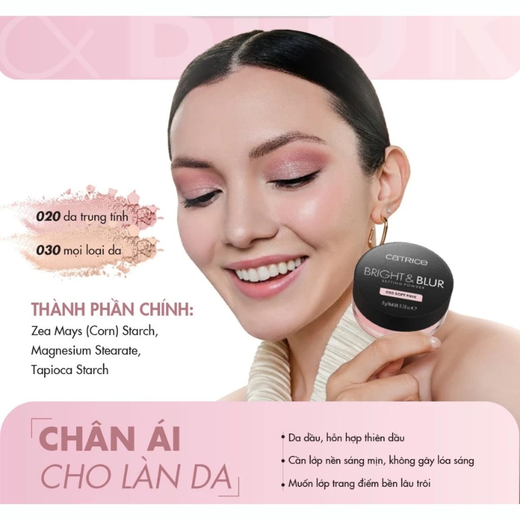 Phấn Phủ Catrice Mỏng Nhẹ Nâng Tone Căng Bóng Da Bright & Blur Setting Powder 8g - TẶNG 1 BÔNG PHẤN CATRICE