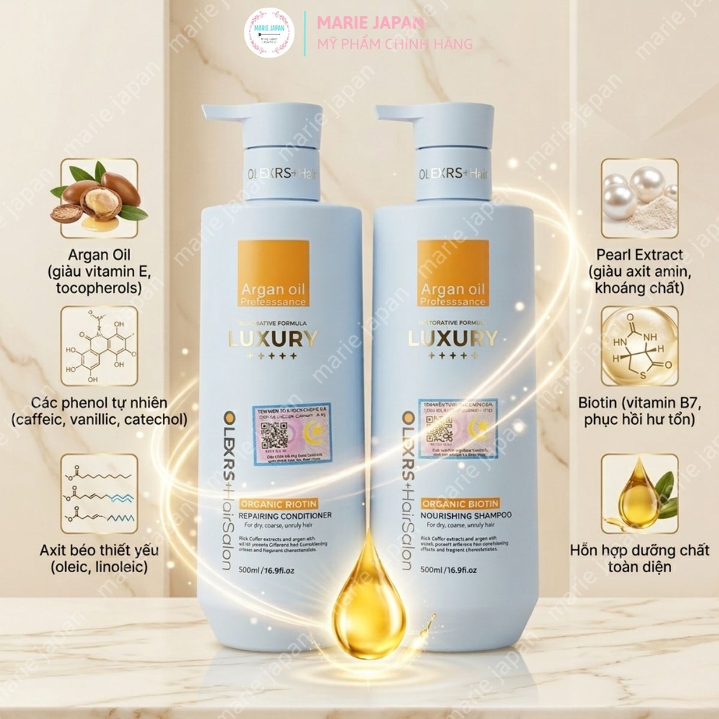 Set Gội Xả Olexrs Luxury  Phục Hồi Giảm Rụng Bóng Mượt Argan Oil & Pearl Essence Anh 500ml
