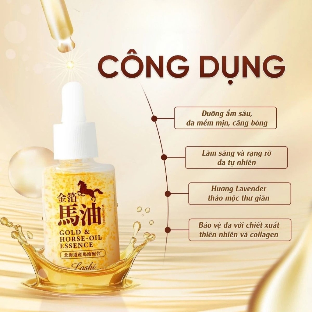 Tinh Chất Dầu Ngựa Loshi Phục Hồi Dưỡng Ẩm Sáng Mịn Gold & Horse Oil Essence Nhật Bản Chai 30ml